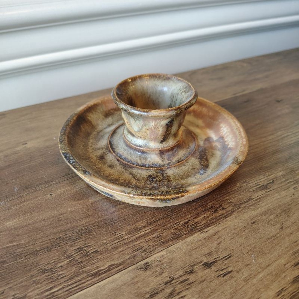 Vtg Studio Pottery Candle Holder Signed 82’ Handmade Stoneware Chamberstick